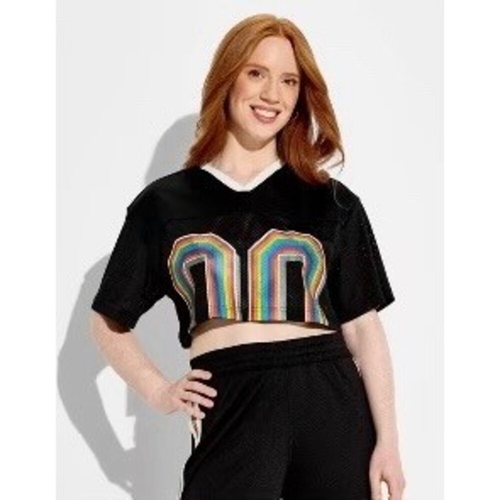 PRIDE Cropped Mesh Jersey Top Womens M Black Rainbow 00 V-Neck